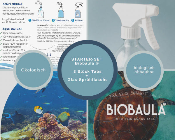 Biobaula ® Starterset Küche mit Glas-Sprühflasche 500ml und 3x Küchen Öko-Tab | biologisch abbaubar
